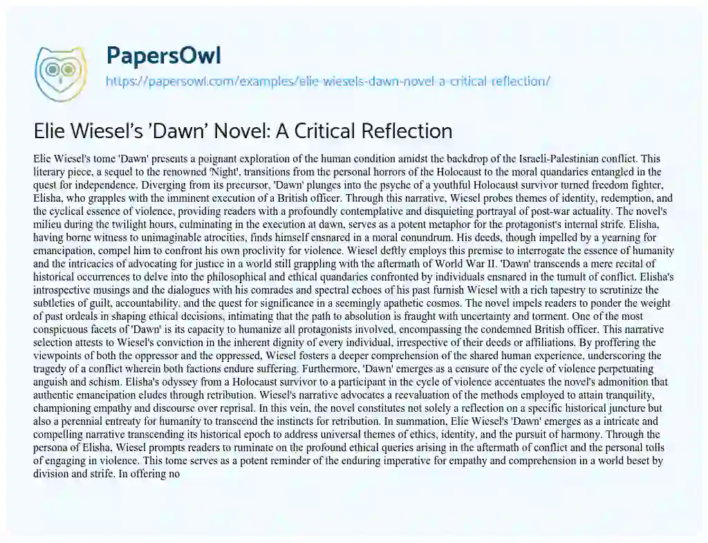 Essay on Elie Wiesel’s ‘Dawn’ Novel: a Critical Reflection