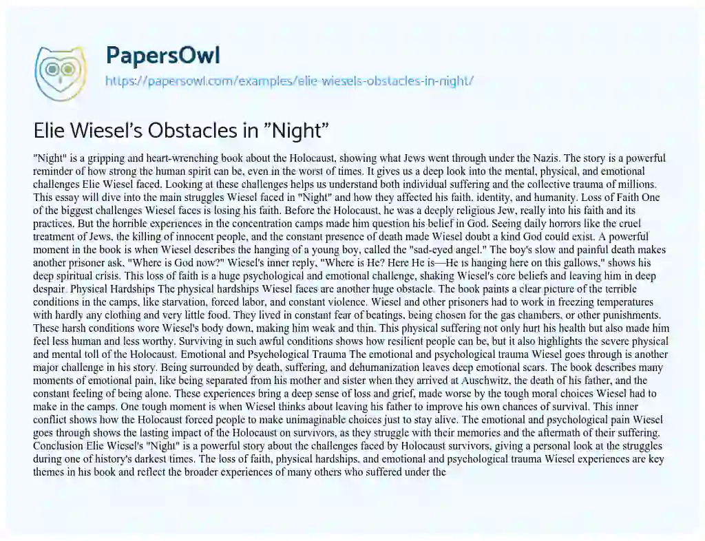 Essay on Elie Wiesel’s Obstacles in “Night”