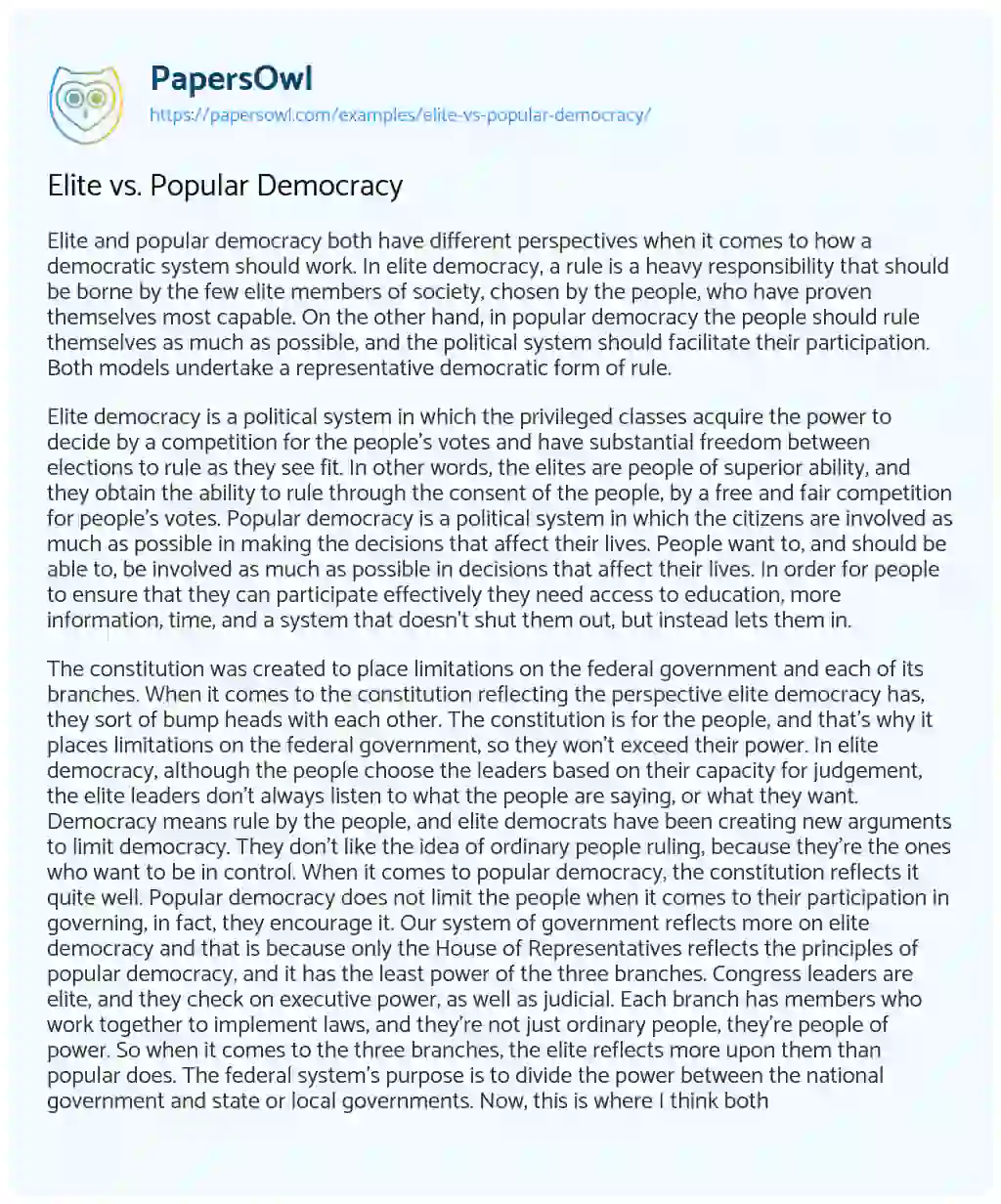 Elite Vs. Popular Democracy essay