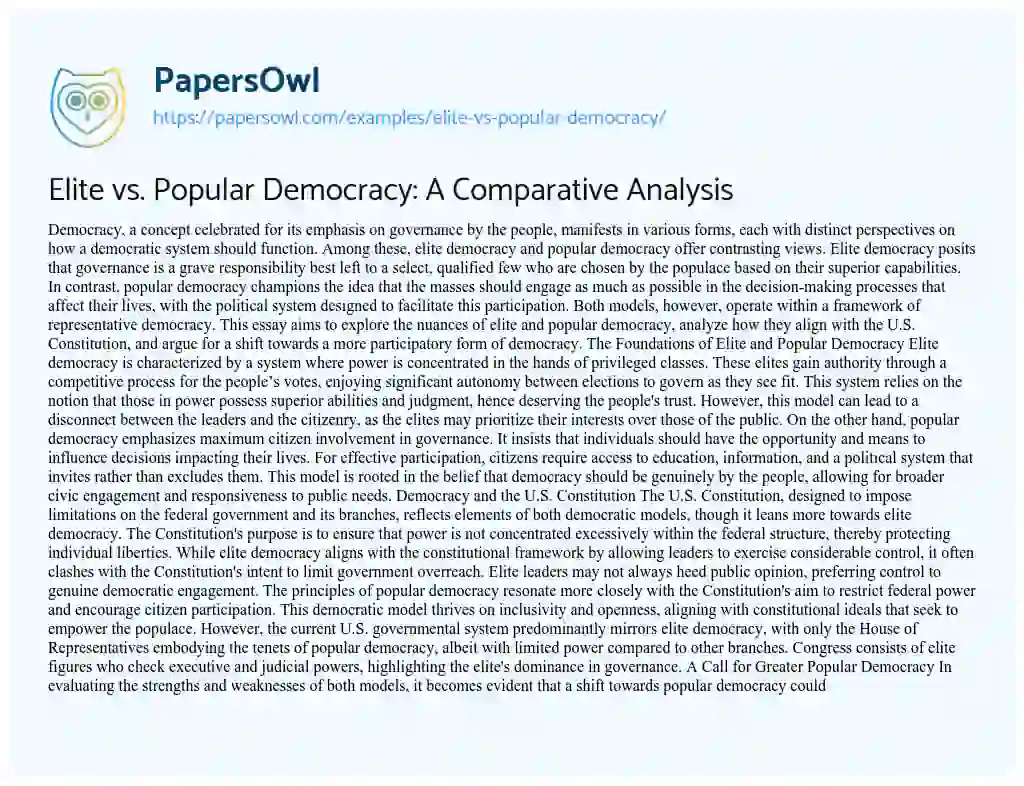 Essay on Elite Vs. Popular Democracy