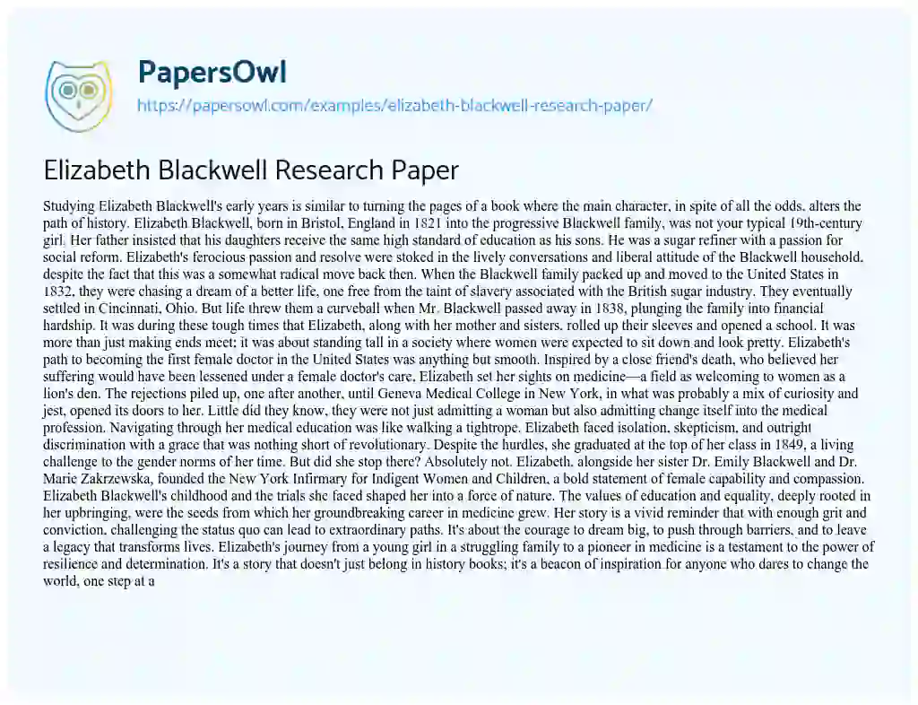 Essay on Elizabeth Blackwell Research Paper