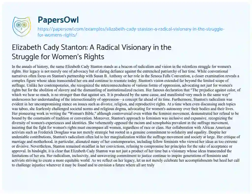 Essay on Elizabeth Cady Stanton: a Radical Visionary in the Struggle for Women’s Rights