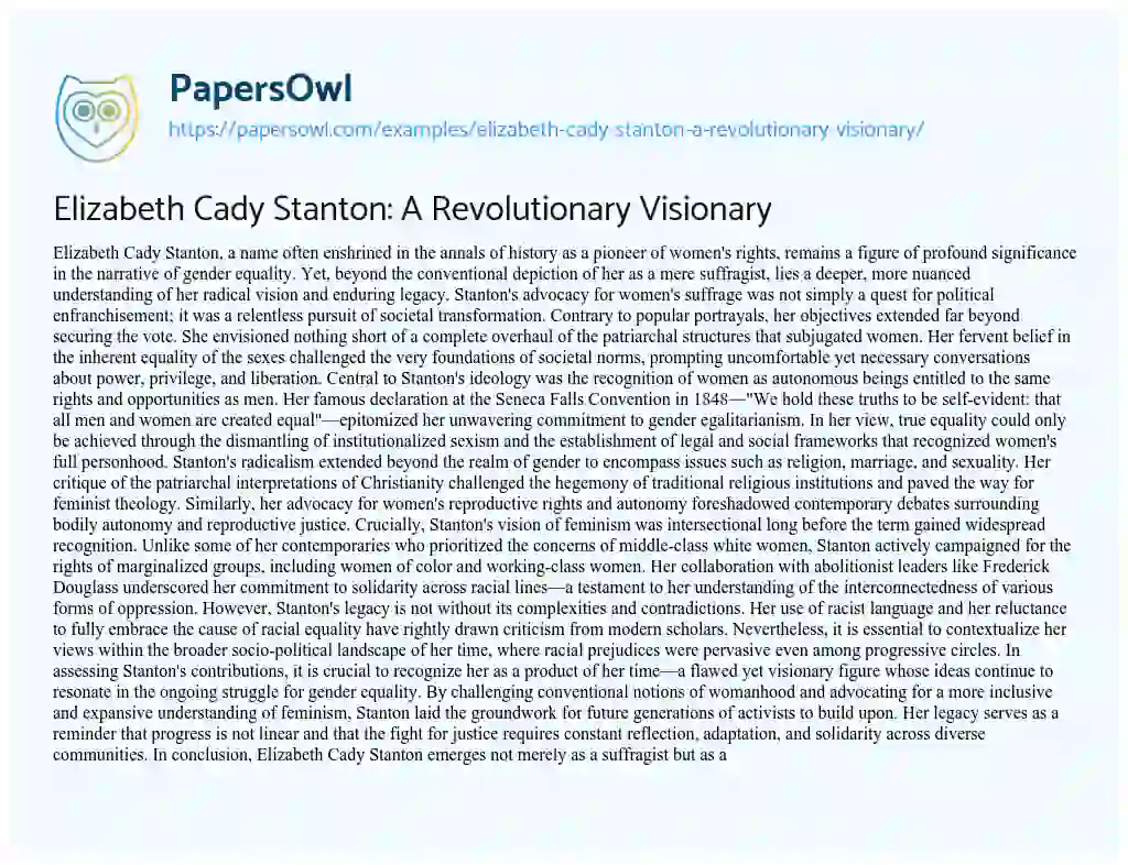 Essay on Elizabeth Cady Stanton: a Revolutionary Visionary
