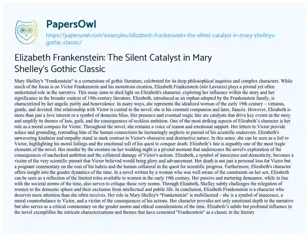 Essay on Elizabeth Frankenstein: the Silent Catalyst in Mary Shelley’s Gothic Classic