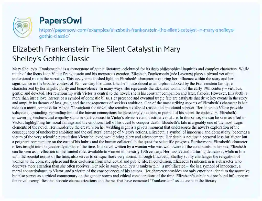Elizabeth Frankenstein The Silent Catalyst in Mary Shelley’s Gothic