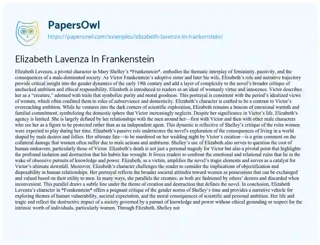Essay on Elizabeth Lavenza in Frankenstein