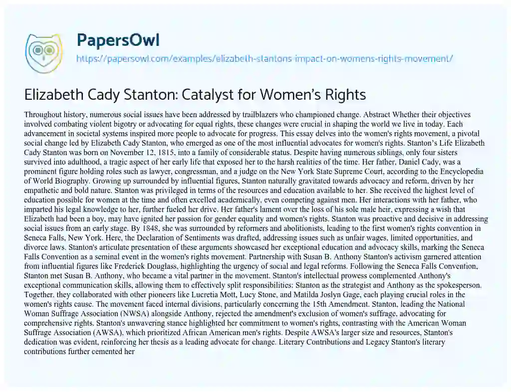 Essay on Elizabeth Stanton’s Impact on Women’s Rights Movement