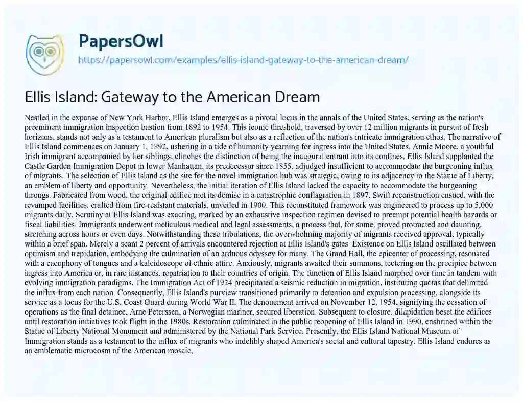 Essay on Ellis Island: Gateway to the American Dream