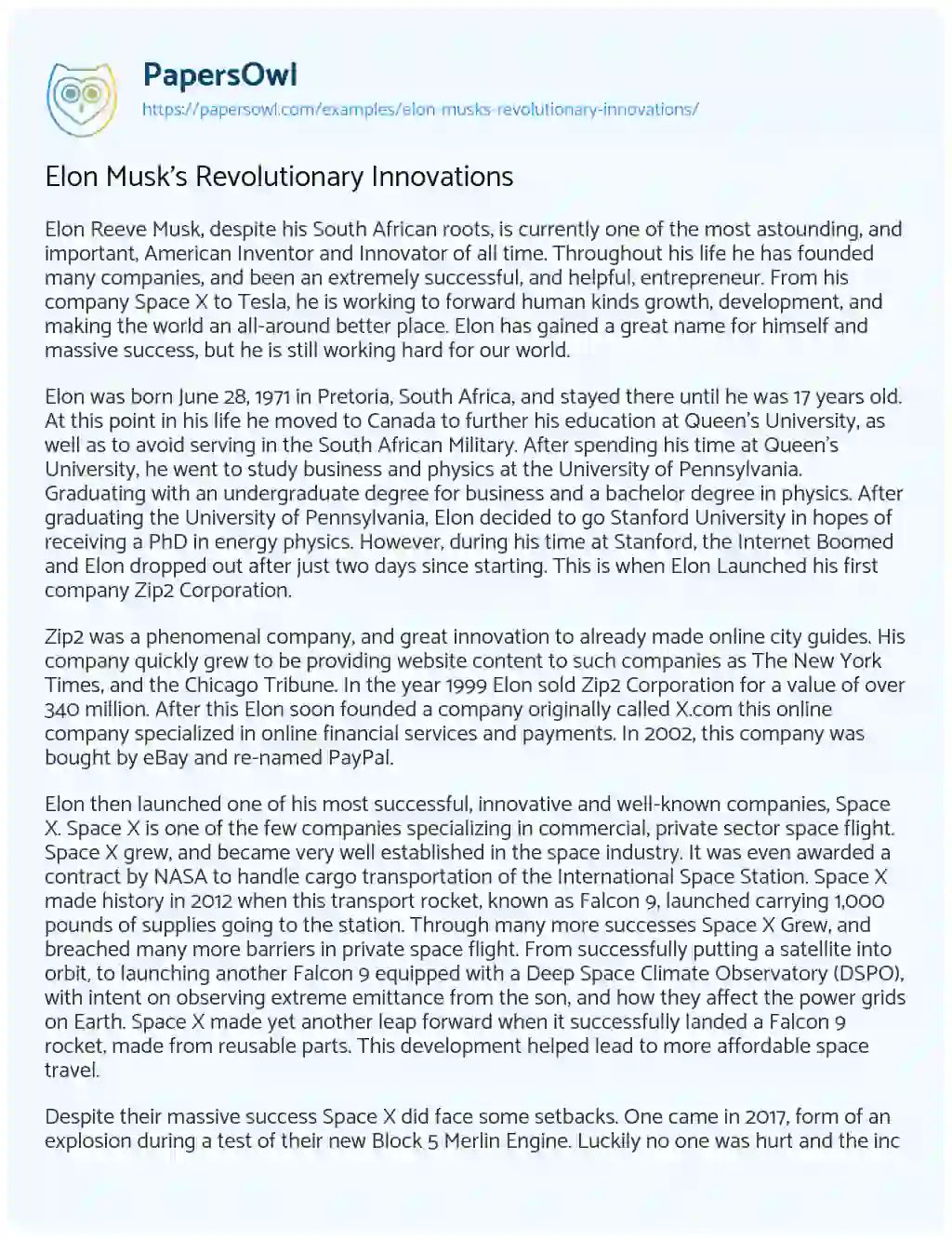 Elon Musk’s Revolutionary Innovations essay