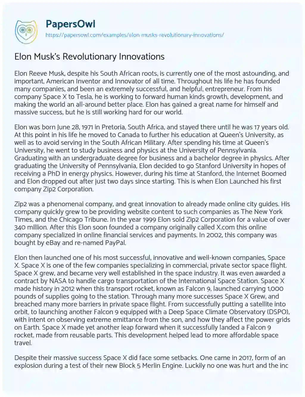 Essay on Elon Musk’s Revolutionary Innovations