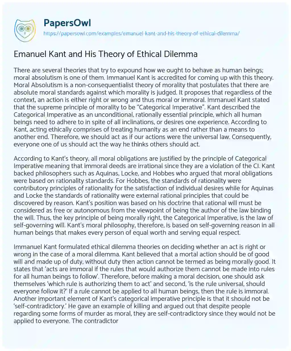 Essay on Emanuel Kant and his Theory of Ethical Dilemma