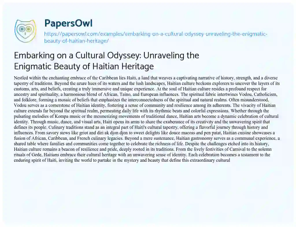 Essay on Embarking on a Cultural Odyssey: Unraveling the Enigmatic Beauty of Haitian Heritage