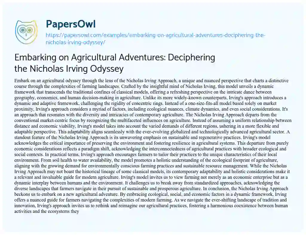 Essay on Embarking on Agricultural Adventures: Deciphering the Nicholas Irving Odyssey