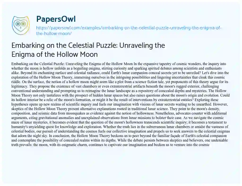 Essay on Embarking on the Celestial Puzzle: Unraveling the Enigma of the Hollow Moon