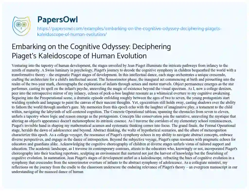 Essay on Embarking on the Cognitive Odyssey: Deciphering Piaget’s Kaleidoscope of Human Evolution