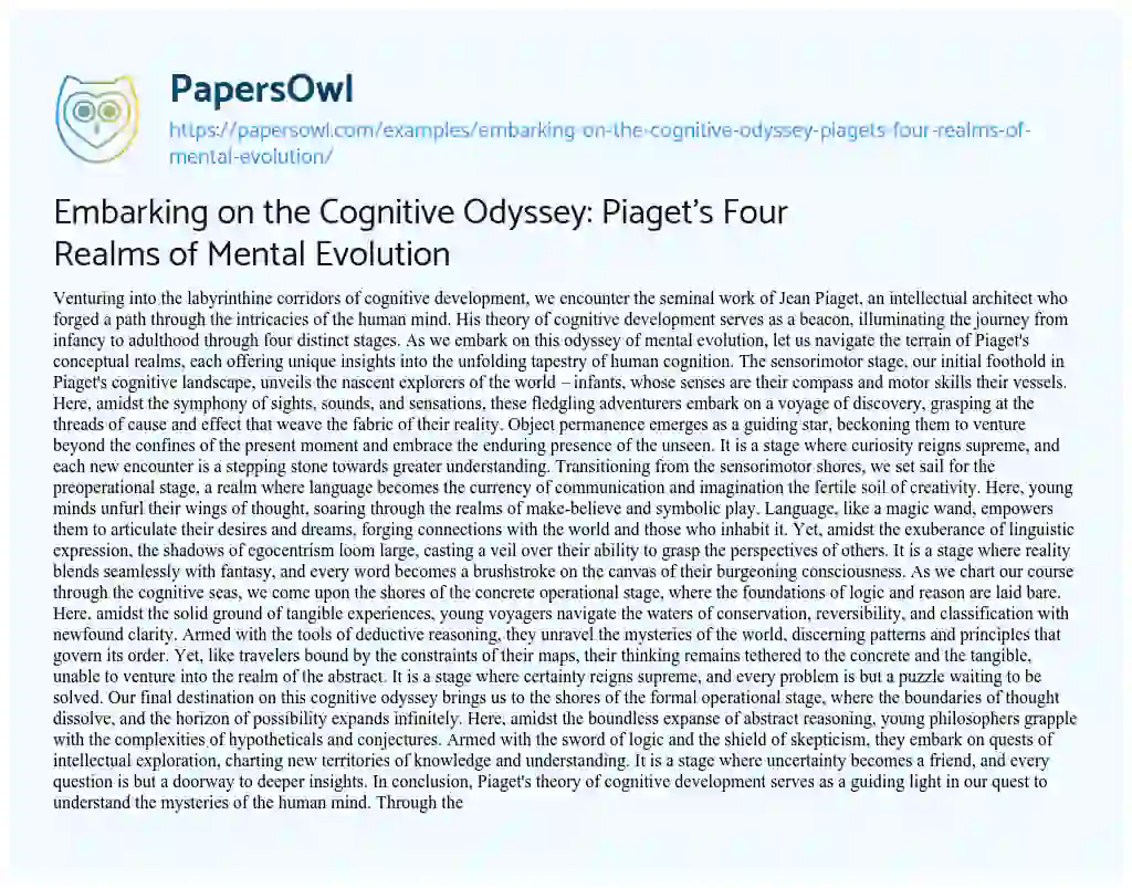 Essay on Embarking on the Cognitive Odyssey: Piaget’s Four Realms of Mental Evolution
