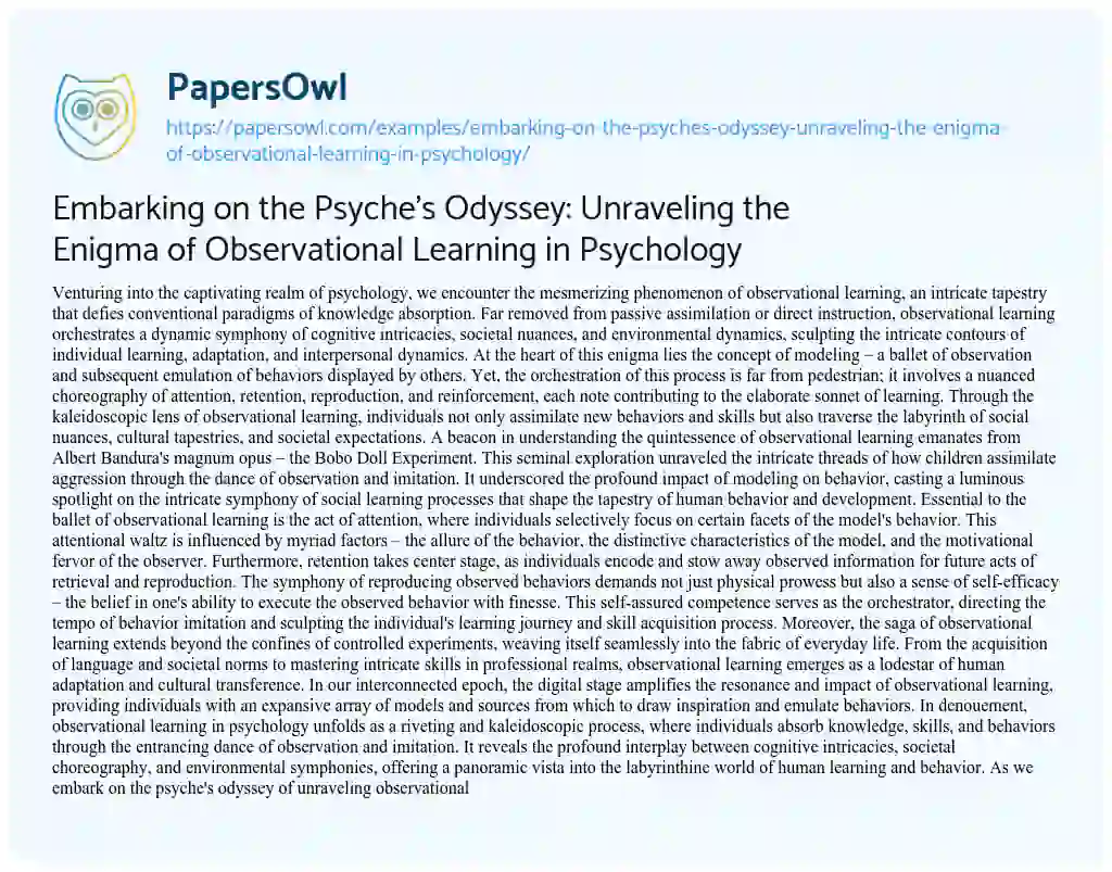 Essay on Embarking on the Psyche’s Odyssey: Unraveling the Enigma of Observational Learning in Psychology