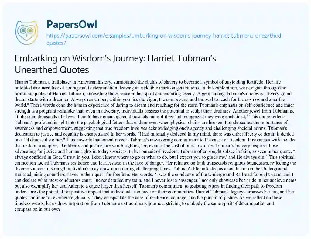Essay on Embarking on Wisdom’s Journey: Harriet Tubman’s Unearthed Quotes