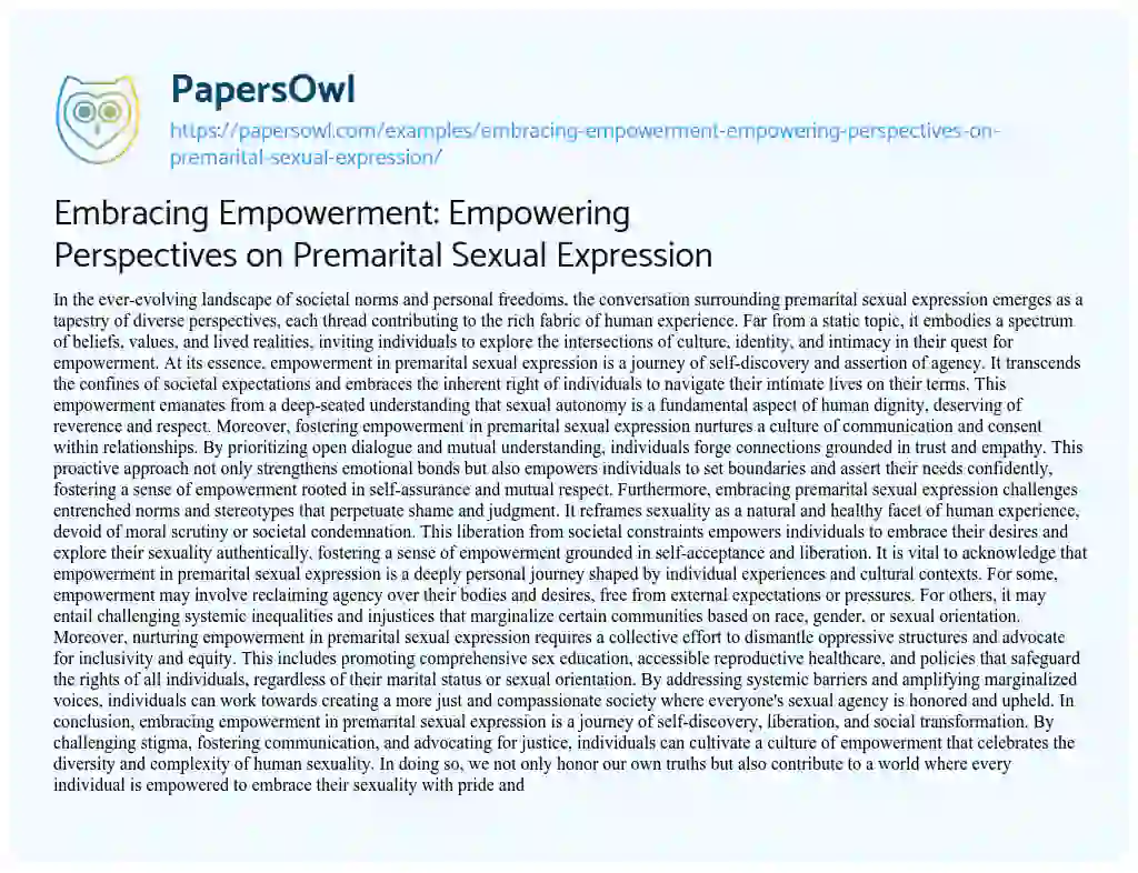 Essay on Embracing Empowerment: Empowering Perspectives on Premarital Sexual Expression