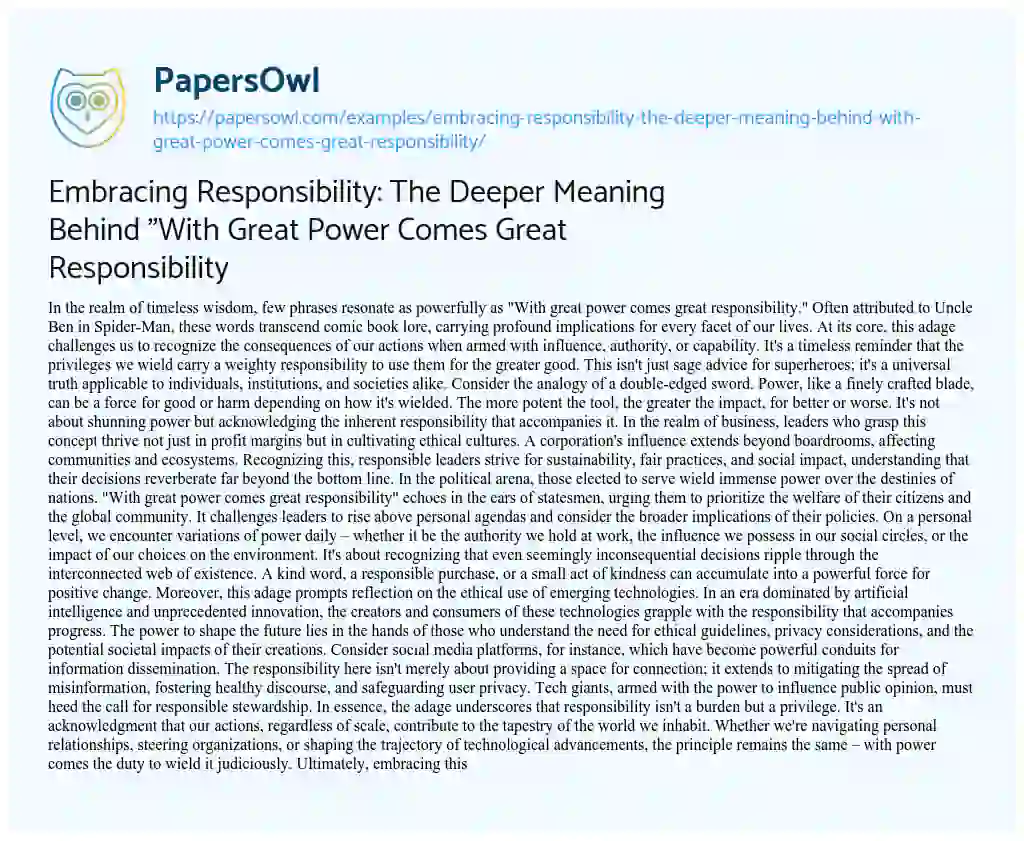 Essay on Embracing Responsibility: the Deeper Meaning Behind “With Great Power Comes Great Responsibility