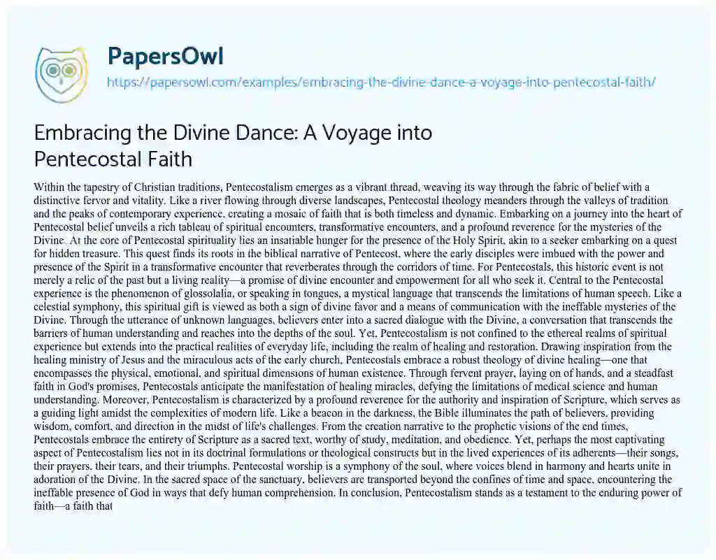 Essay on Embracing the Divine Dance: a Voyage into Pentecostal Faith