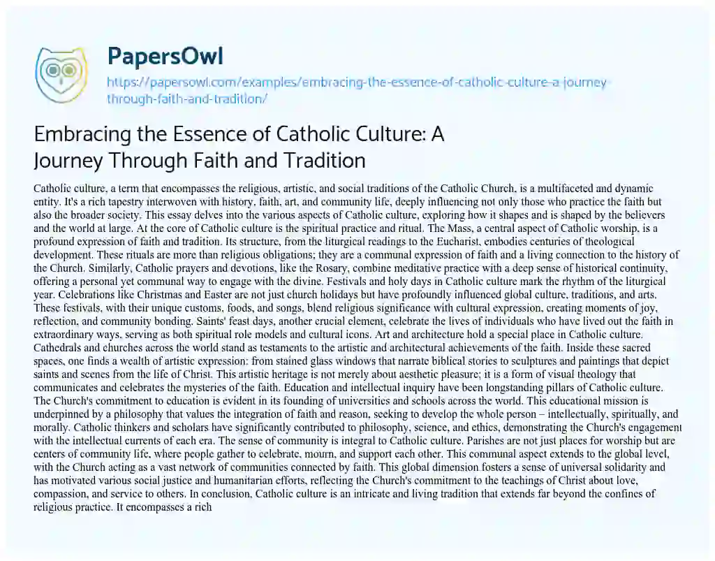 Essay on Embracing the Essence of Catholic Culture: a Journey through Faith and Tradition