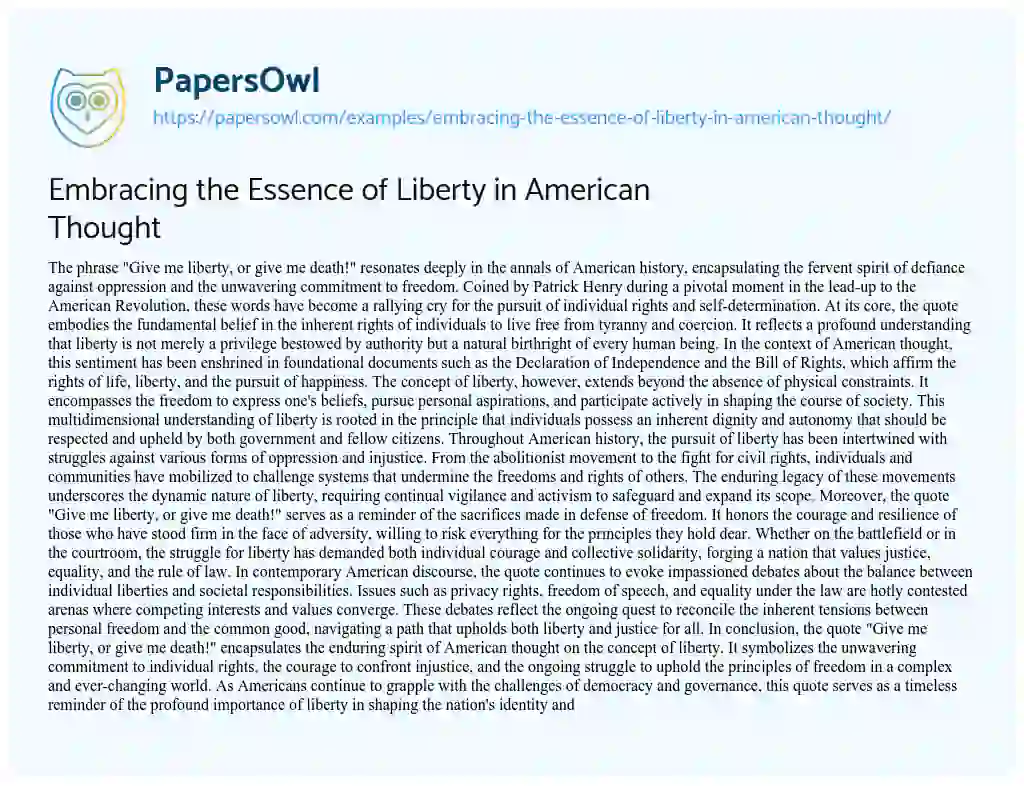 Essay on Embracing the Essence of Liberty in American Thought