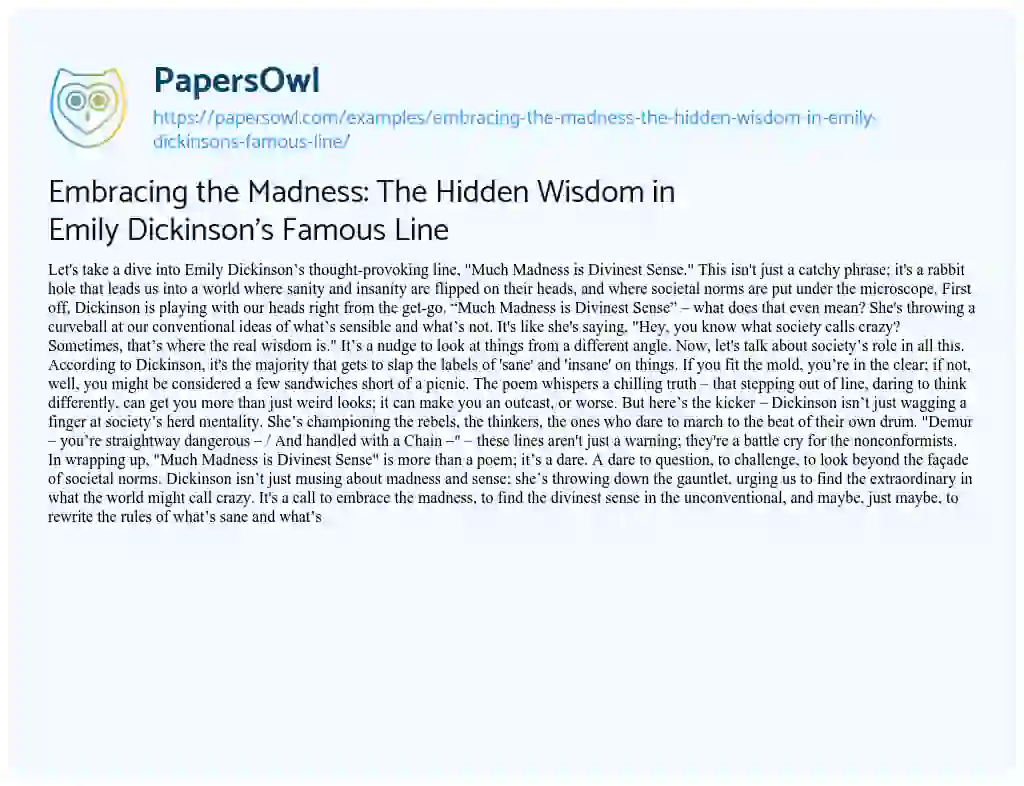 Essay on Embracing the Madness: the Hidden Wisdom in Emily Dickinson’s Famous Line