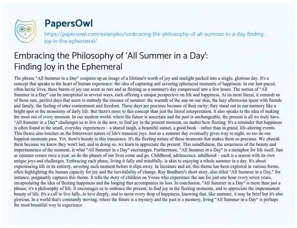 Essay on Embracing the Philosophy of ‘All Summer in a Day’: Finding Joy in the Ephemeral