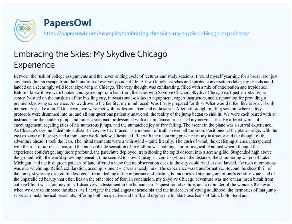 Essay on Embracing the Skies: my Skydive Chicago Experience