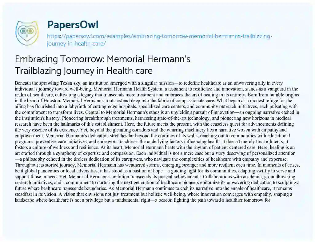 Essay on Embracing Tomorrow: Memorial Hermann’s Trailblazing Journey in Health Care