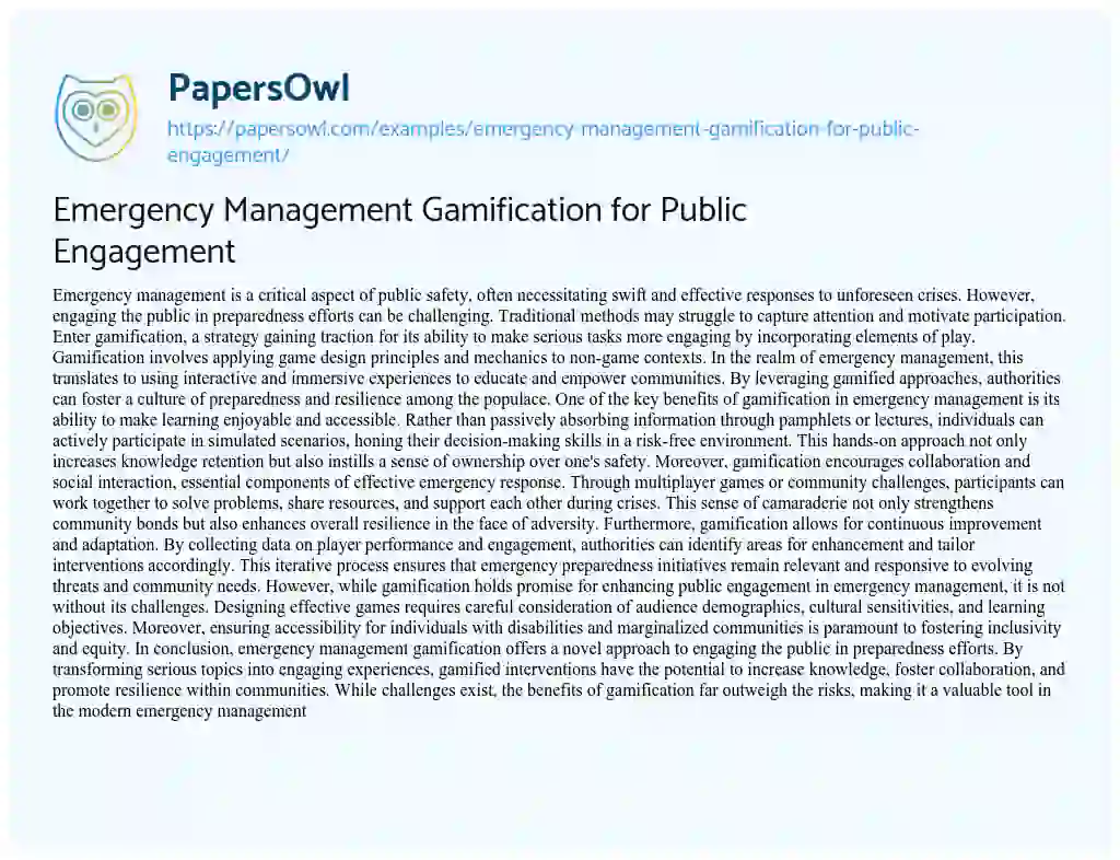 Essay on Emergency Management Gamification for Public Engagement