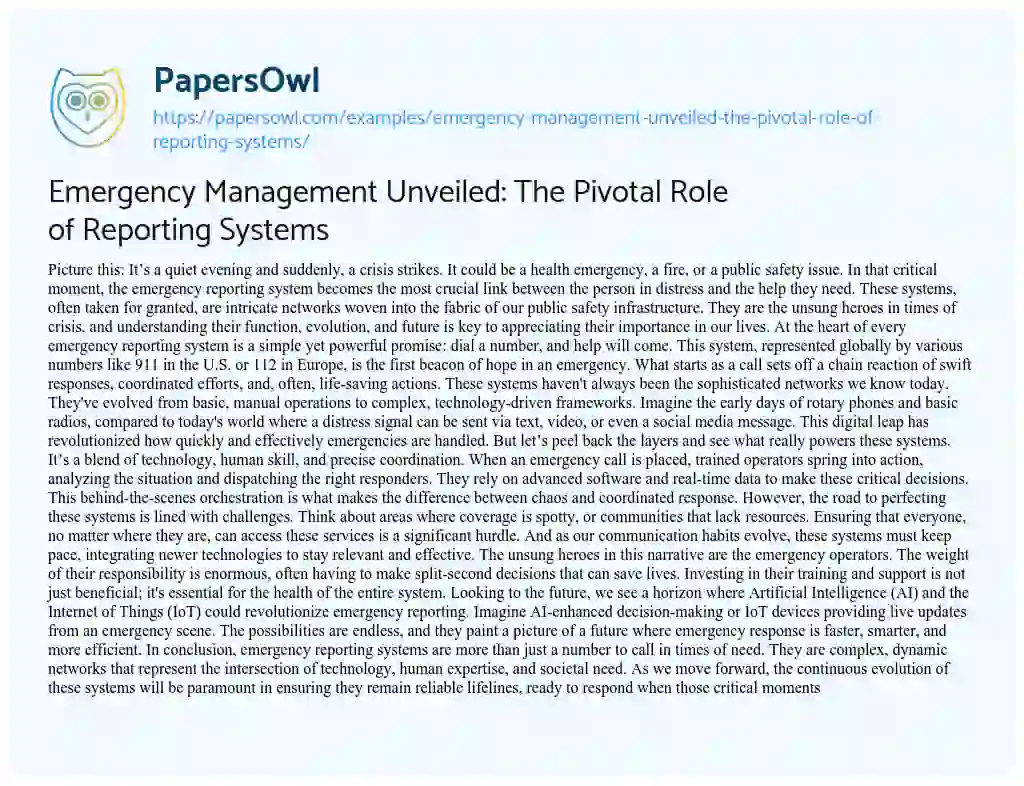 Essay on Emergency Management Unveiled: the Pivotal Role of Reporting Systems