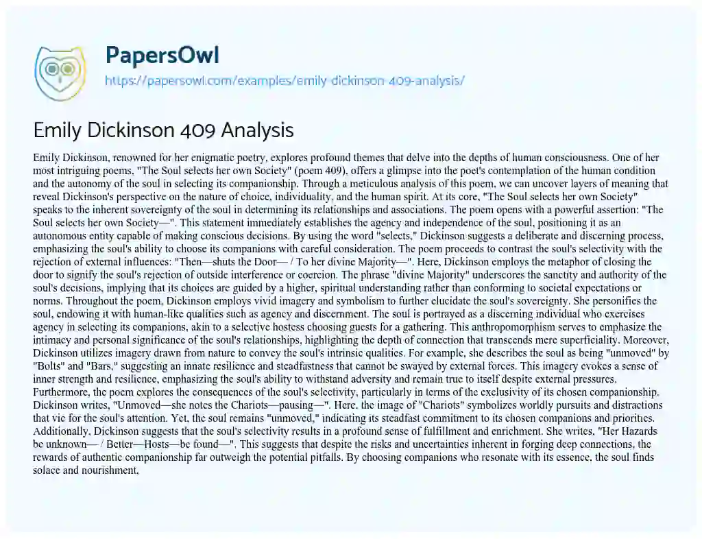 Essay on Emily Dickinson 409 Analysis