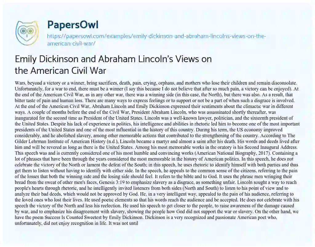 Essay on Emily Dickinson and Abraham Lincoln’s Views on the American Civil War