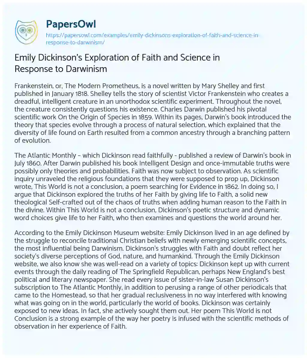 Essay on Emily Dickinson’s Exploration of Faith and Science in Response to Darwinism