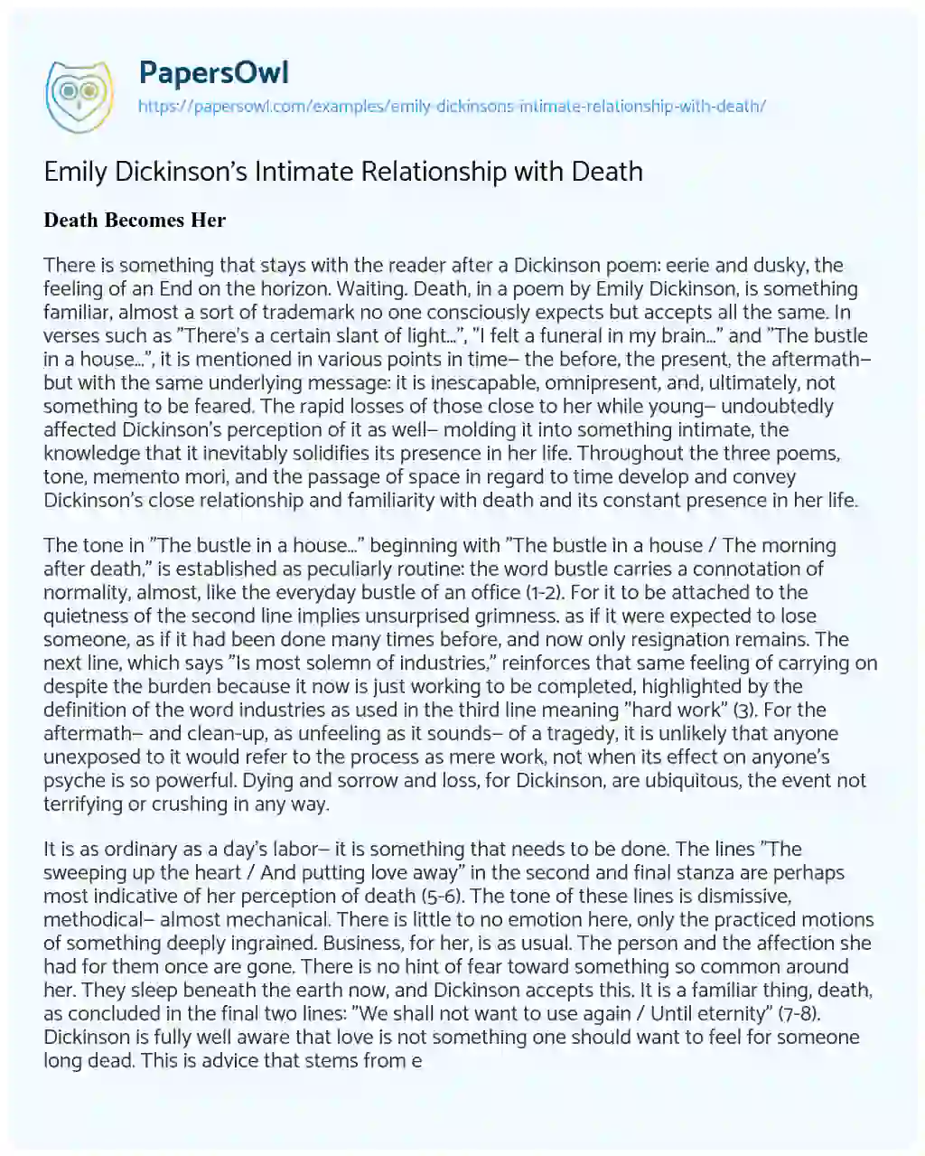 Essay on Emily Dickinson’s Intimate Relationship with Death