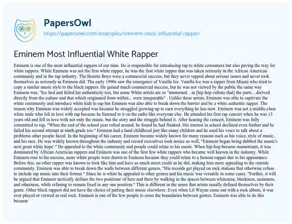 Essay on Eminem most Influential White Rapper