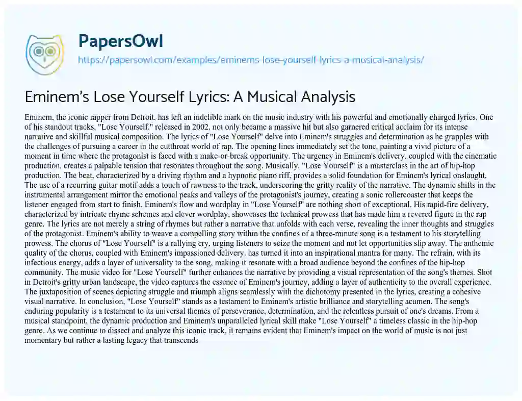 Essay on Eminem’s Lose yourself Lyrics: a Musical Analysis