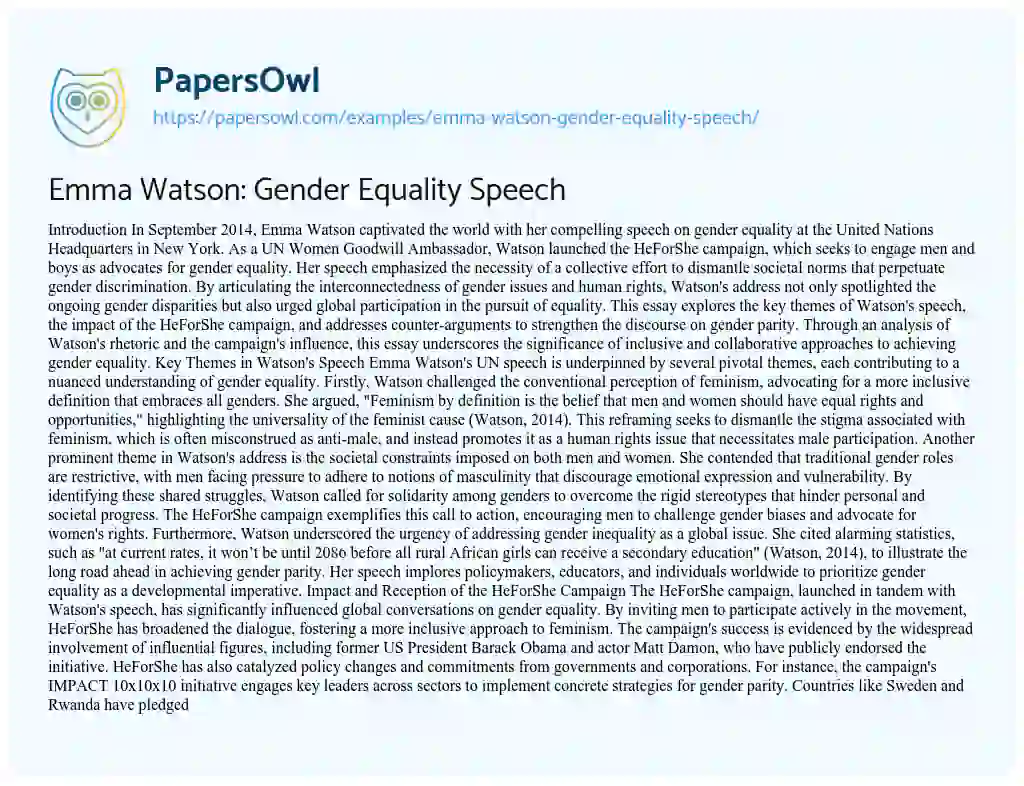 Essay on Emma Watson: Gender Equality Speech