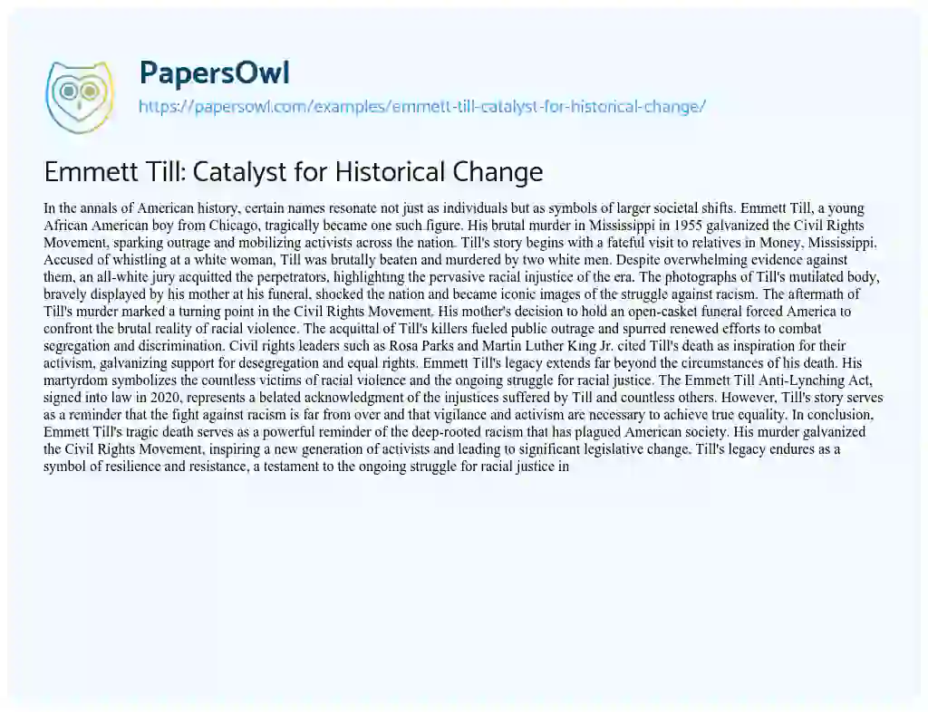 Essay on Emmett Till: Catalyst for Historical Change