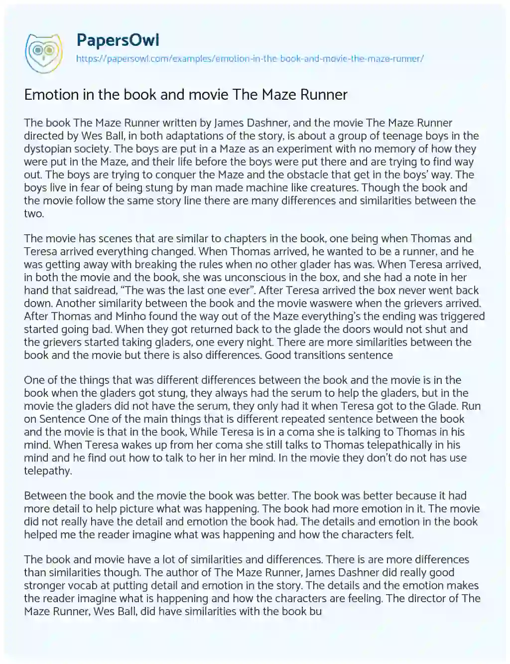 Essay on Emotion in the Book and Movie the Maze Runner