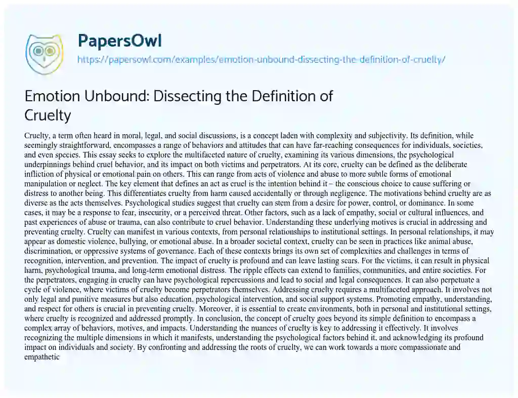 Essay on Emotion Unbound: Dissecting the Definition of Cruelty