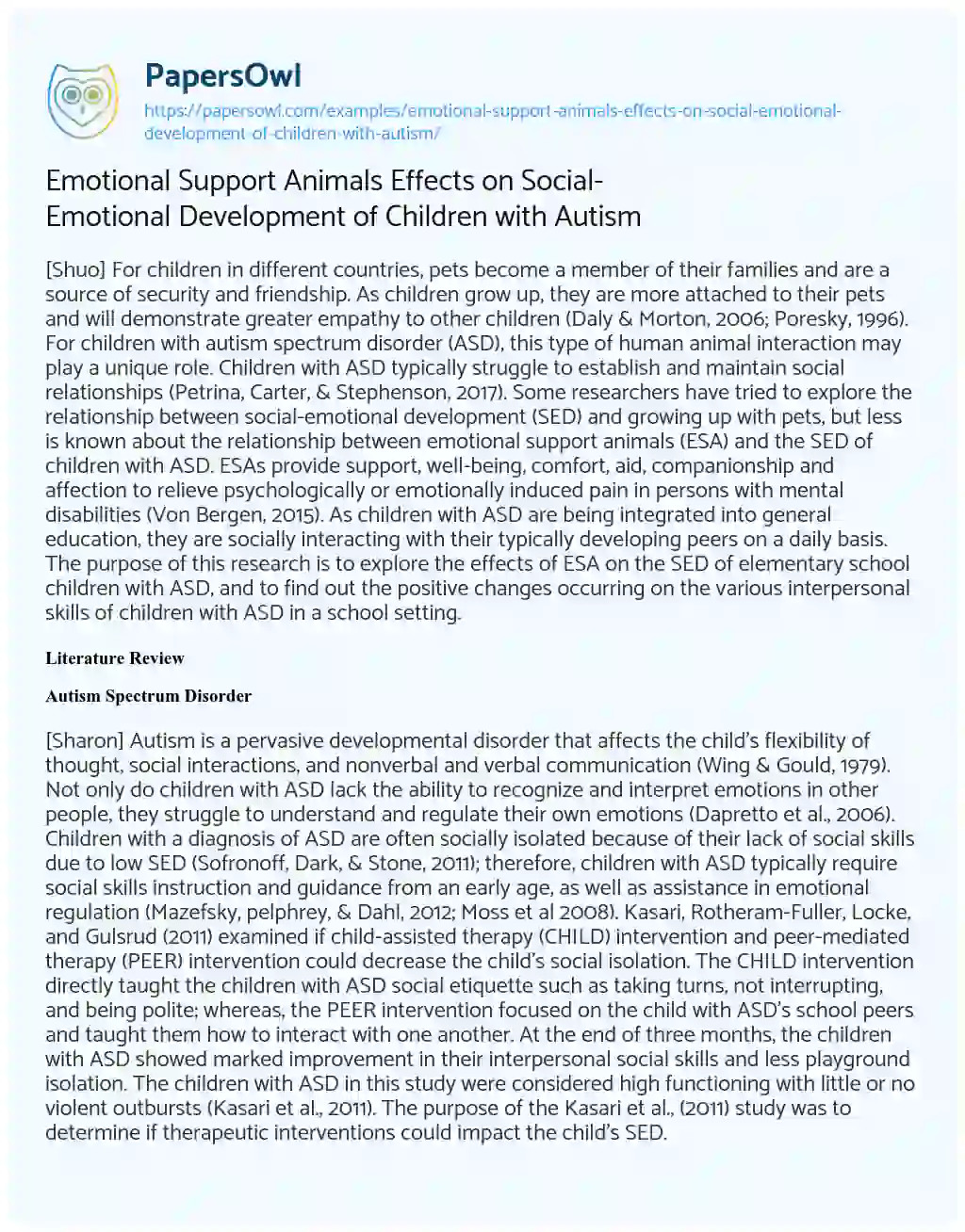 Essay on Emotional Support Animals Effects on Social-Emotional Development of Children with Autism