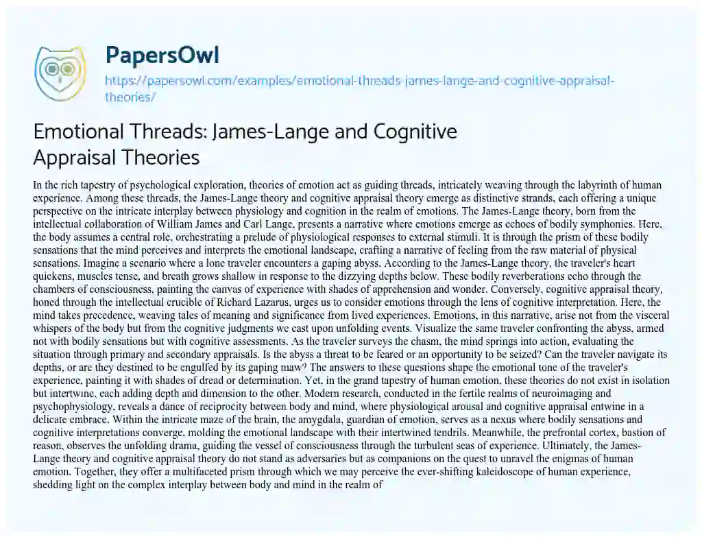 Essay on Emotional Threads: James-Lange and Cognitive Appraisal Theories