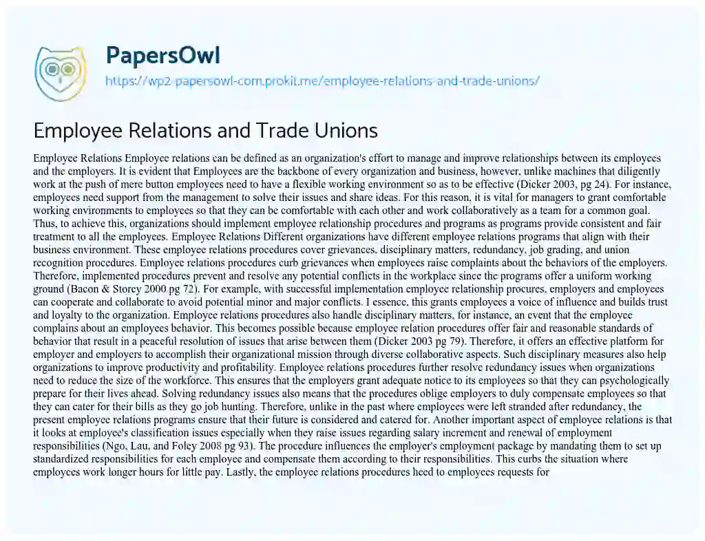 Essay on Employee Relations and Trade Unions