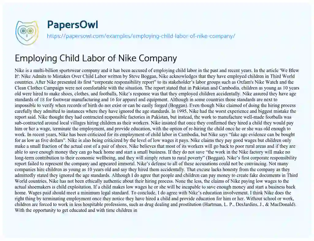 Employing Child Labor of Nike Company essay