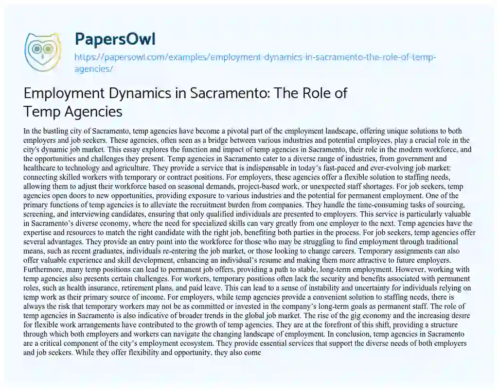 Essay on Employment Dynamics in Sacramento: the Role of Temp Agencies