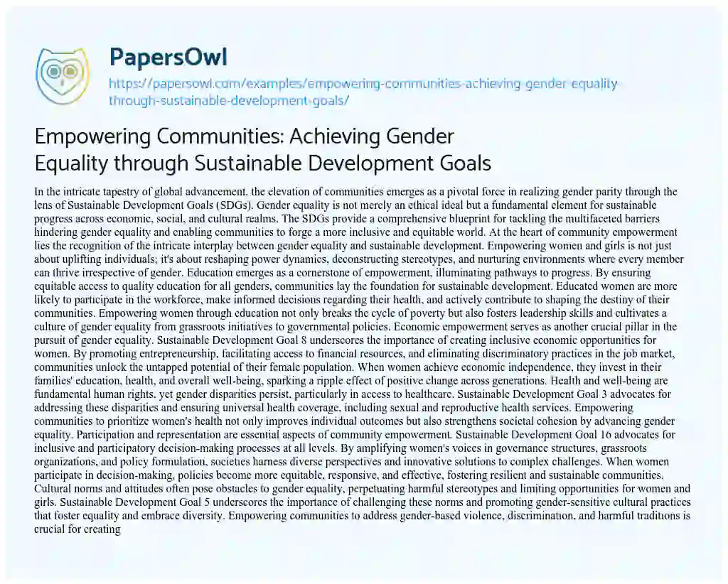 Essay on Empowering Communities: Achieving Gender Equality through Sustainable Development Goals