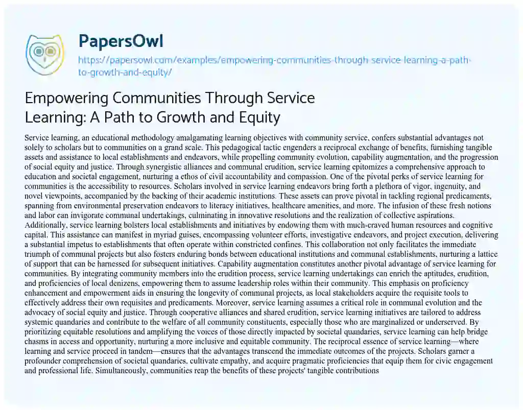 Essay on Empowering Communities through Service Learning: a Path to Growth and Equity